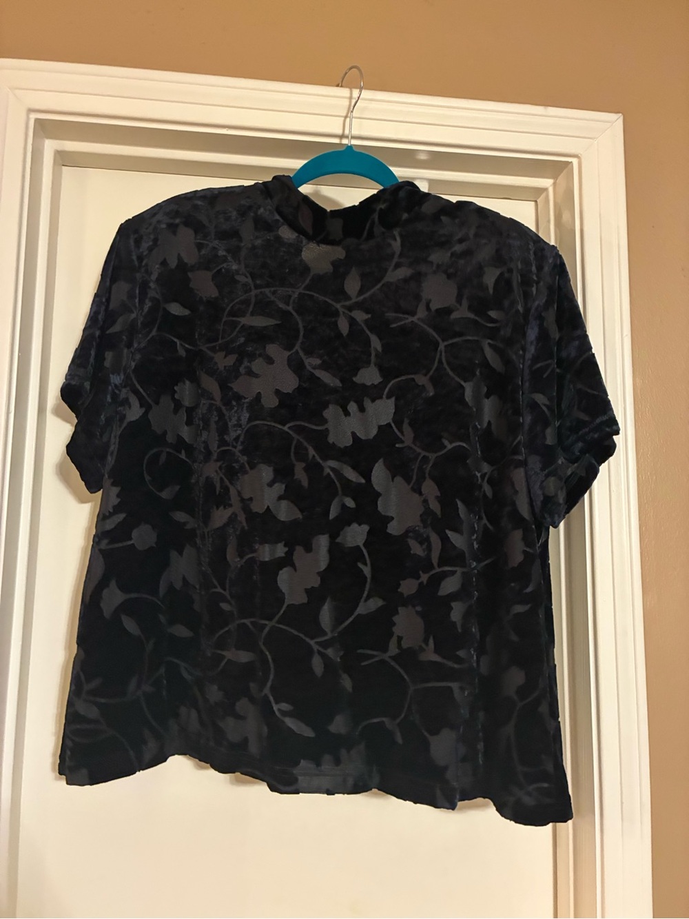 Women's Black Velvet Burnout Floral Short Sleeve Top